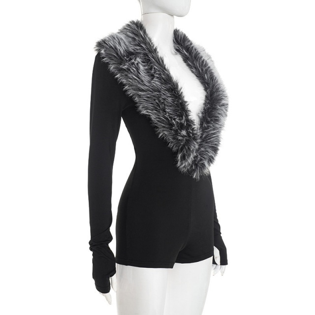 Fur-trimmed Deep V-neck Long-sleeved Romper