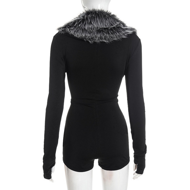 Fur-trimmed Deep V-neck Long-sleeved Romper