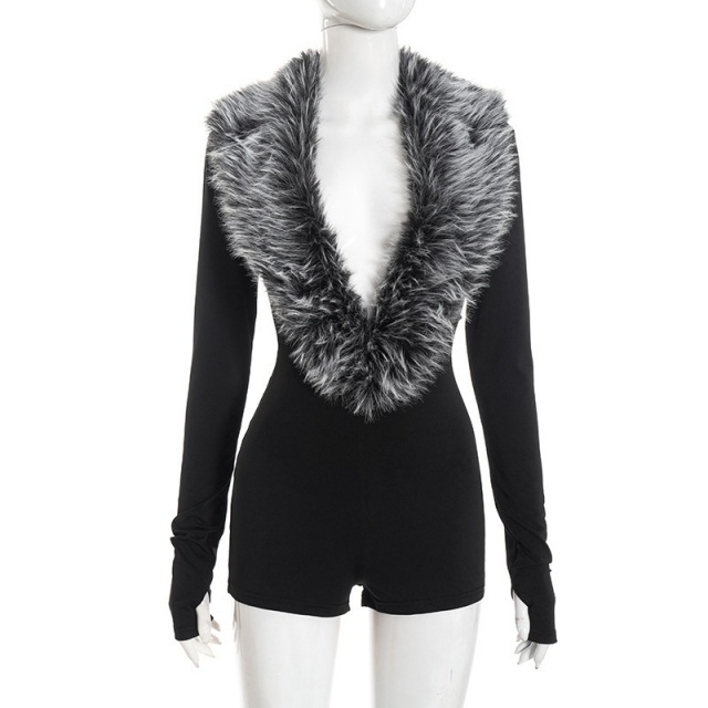Fur-trimmed Deep V-neck Long-sleeved Romper