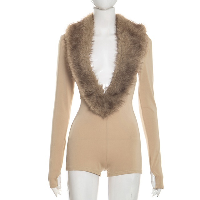Fur-trimmed Deep V-neck Long-sleeved Romper