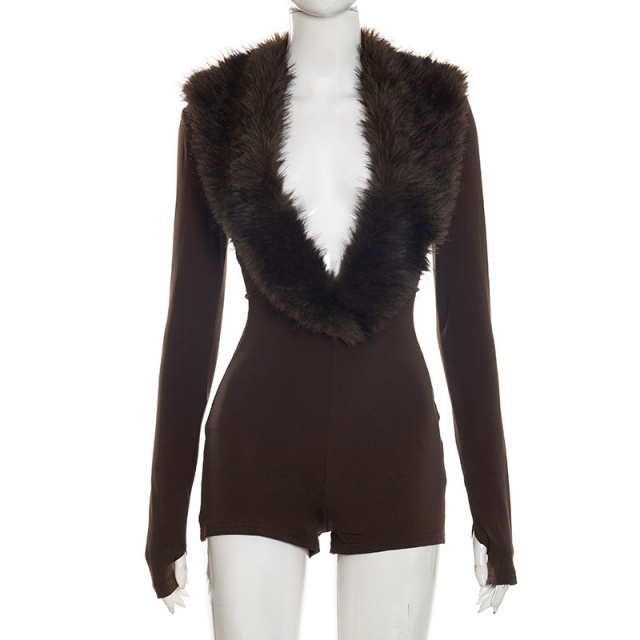 Fur-trimmed Deep V-neck Long-sleeved Romper