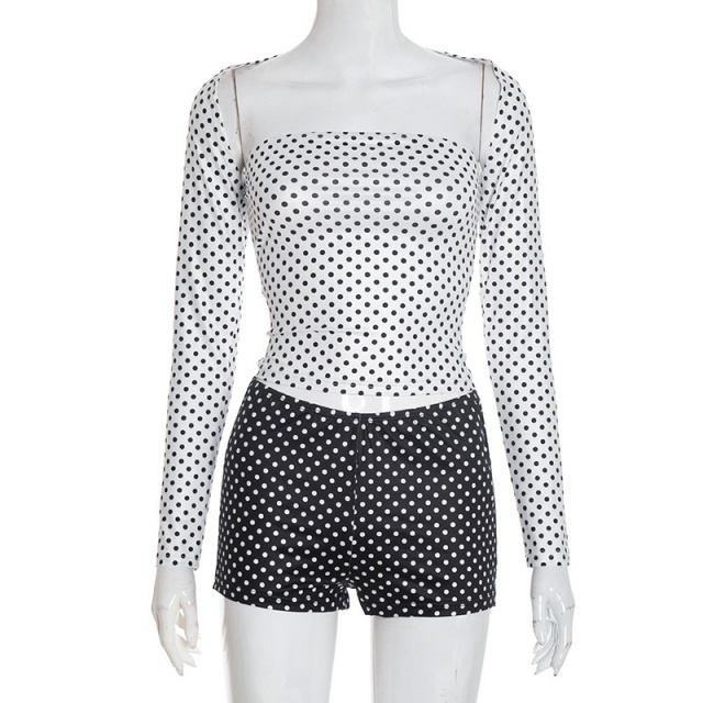 Retro Color-blocked Polka Dot Shorts Set
