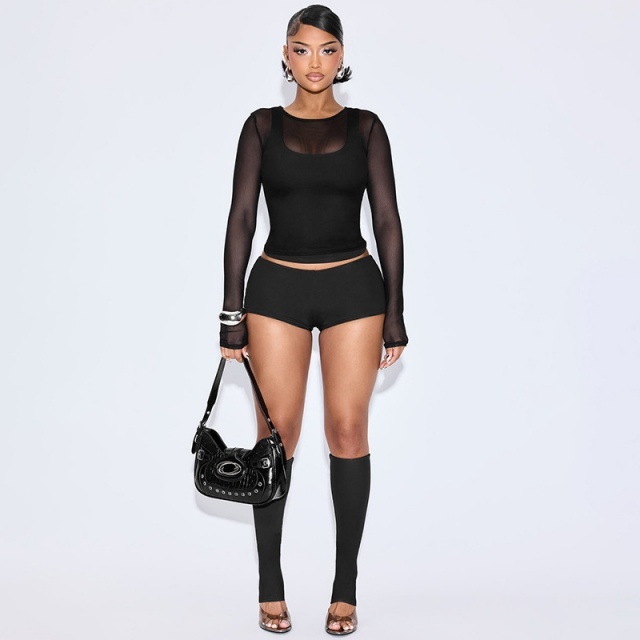 Sheer Mesh Long Sleeve Top Short Set (4 pieces)