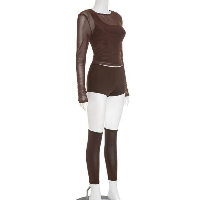 Sheer Mesh Long Sleeve Top Short Set (4 pieces)