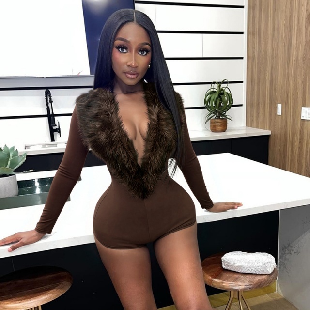 Fur-trimmed Deep V-neck Long-sleeved Romper