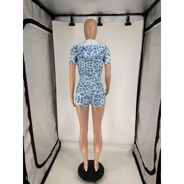 Leopard Printed Hooded Two Pieces Short Set