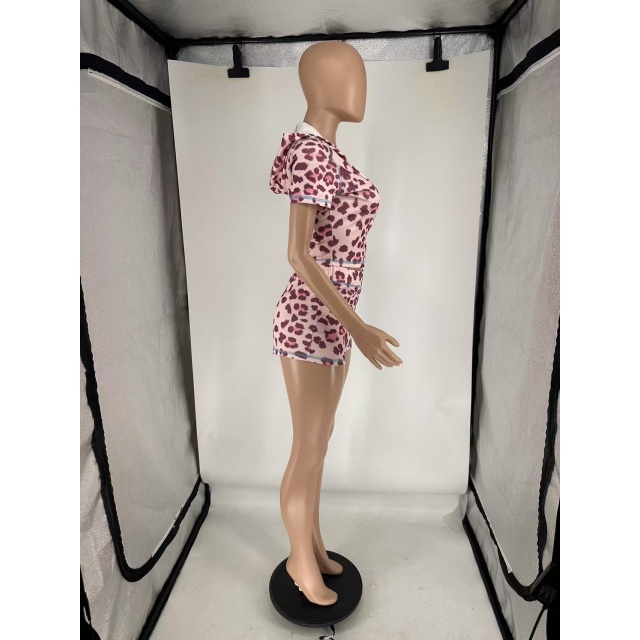 Leopard Printed Hooded Two Pieces Short Set
