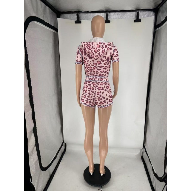 Leopard Printed Hooded Two Pieces Short Set