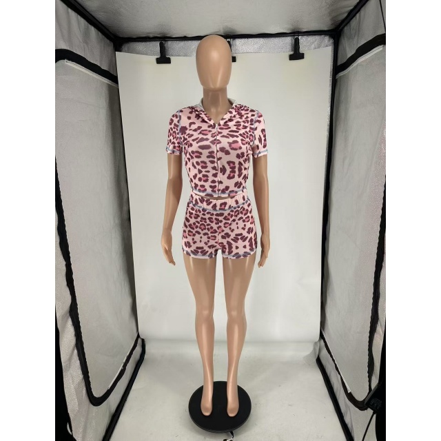 Leopard Printed Hooded Two Pieces Short Set