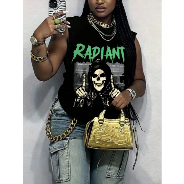 Printed Sleeveless O Neck T Shirt Top