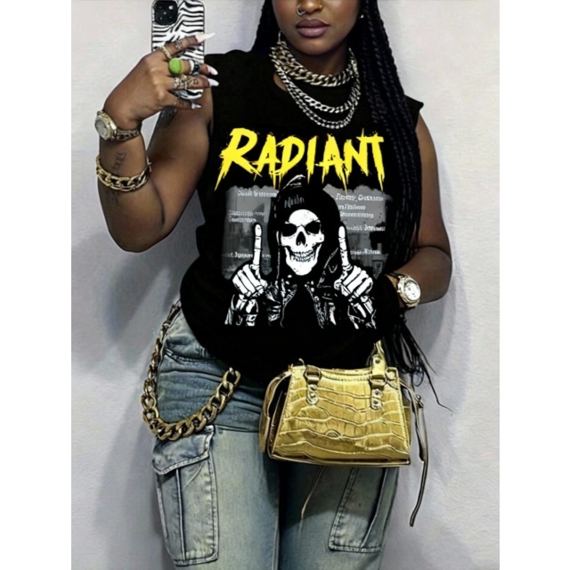Printed Sleeveless O Neck T Shirt Top