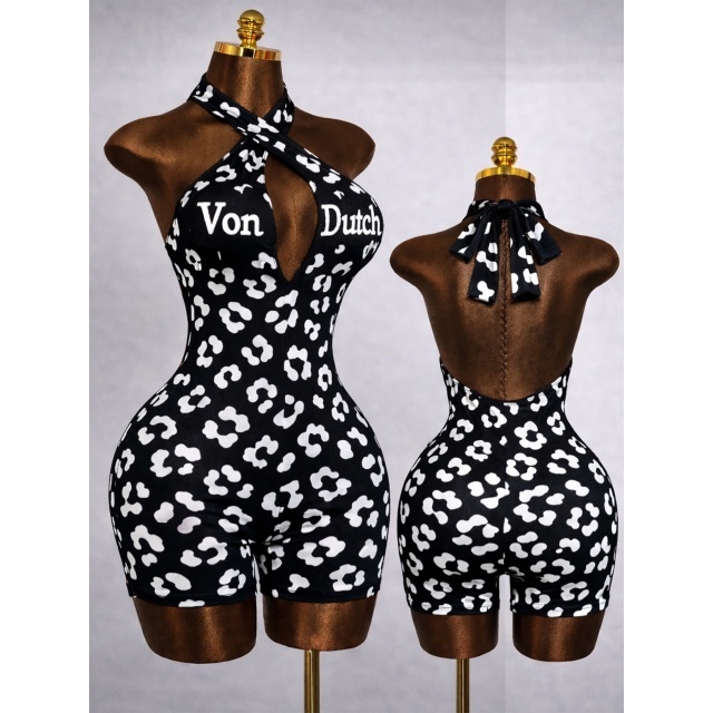 Printed Halter Neck Backless Slim Romper