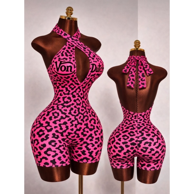 Printed Halter Neck Backless Slim Romper
