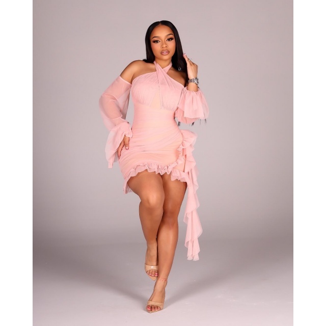 See-through Halter Backless Ruched Dress