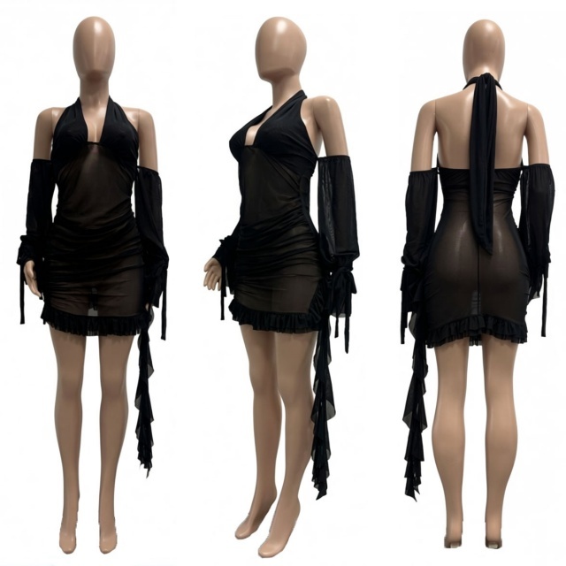 See-through Halter Backless Ruched Dress