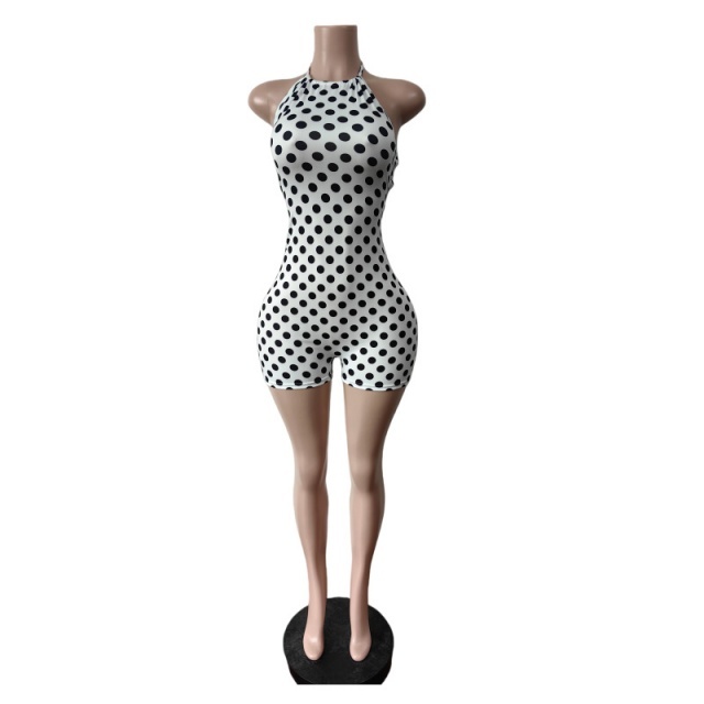 Polka Dot Print Backless Laced Up Slim-fit Romper