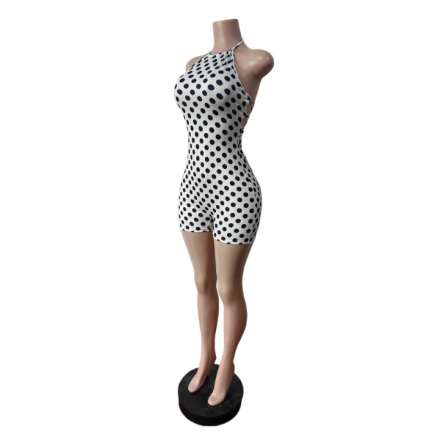 Polka Dot Print Backless Laced Up Slim-fit Romper