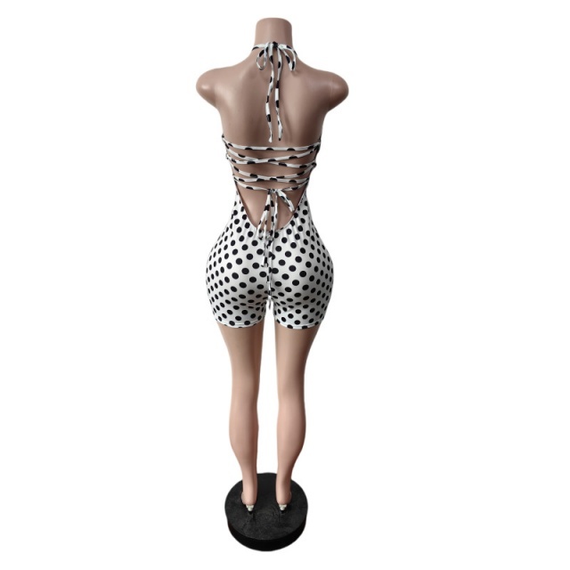Polka Dot Print Backless Laced Up Slim-fit Romper