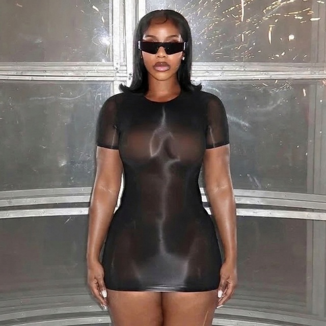 Short Sleeve Sheer Mesh Tight Lingerie Dress
