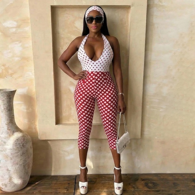 Color Block Dots Printed Halter Neck Slim Jumpsuit