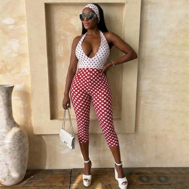 Color Block Dots Printed Halter Neck Slim Jumpsuit