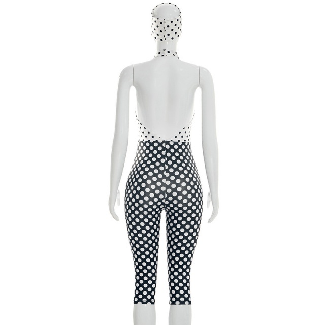 Color Block Dots Printed Halter Neck Slim Jumpsuit