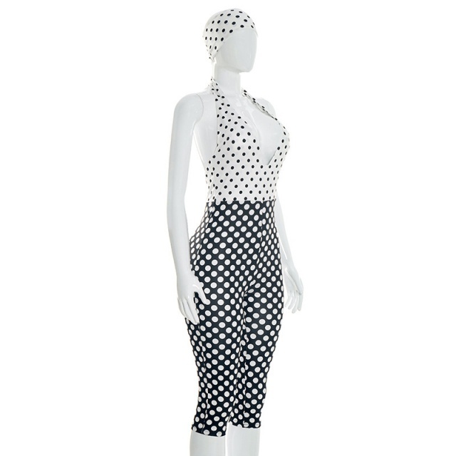 Color Block Dots Printed Halter Neck Slim Jumpsuit