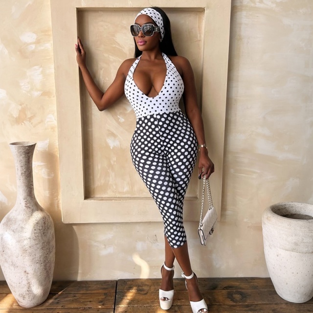 Color Block Dots Printed Halter Neck Slim Jumpsuit