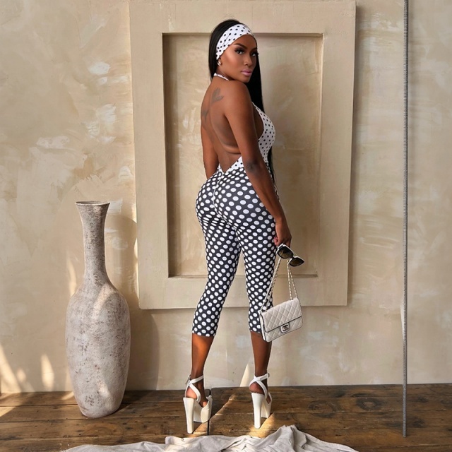 Color Block Dots Printed Halter Neck Slim Jumpsuit