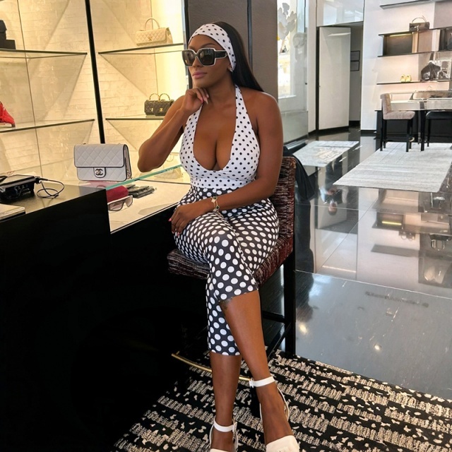 Color Block Dots Printed Halter Neck Slim Jumpsuit