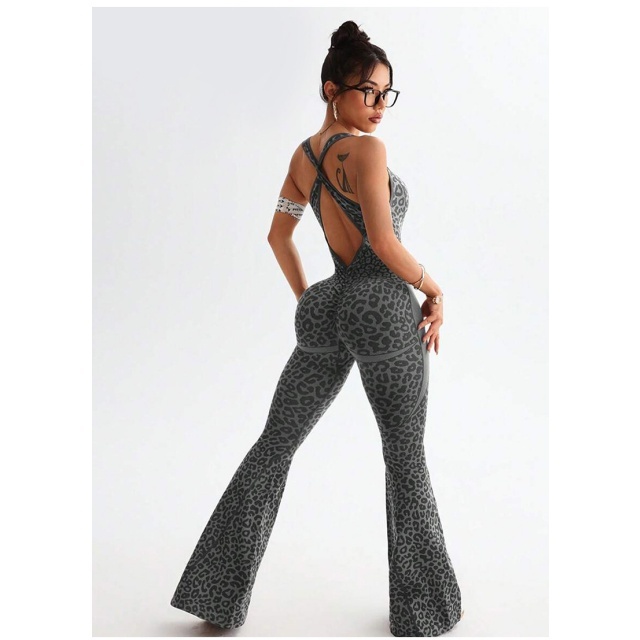 Leopard Printed Yoga Flare Jumpsuit