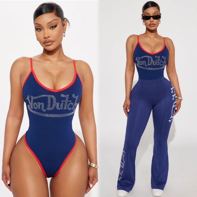 Printed Cami Bodysuit Top Slim Fit Pant Set