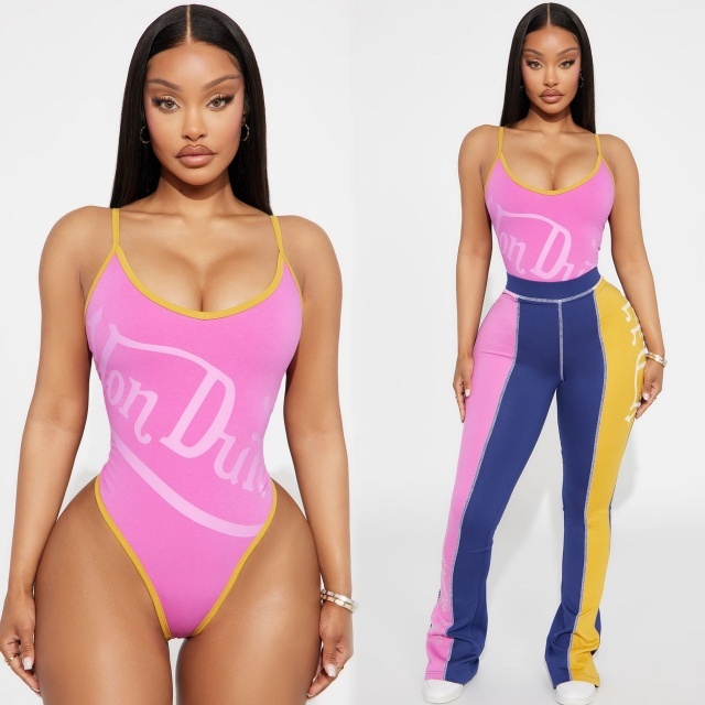 Printed Cami Bodysuit Top Slim Fit Pant Set