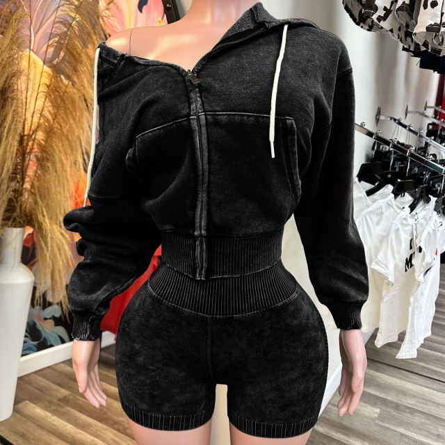 Washed Distressed Slim Shorts Set