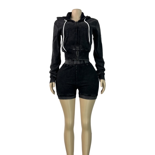 Washed Distressed Slim Shorts Set