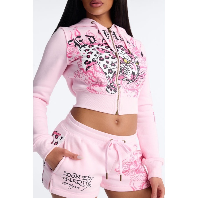 Zipped Up Hoodies Top Printed Short Set