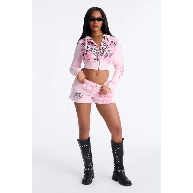 Zipped Up Hoodies Top Printed Short Set
