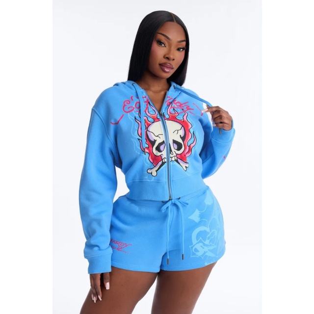 Zipped Up Hoodies Top Printed Short Set