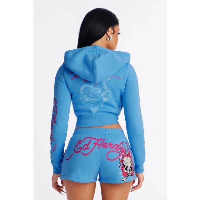 Zipped Up Hoodies Top Printed Short Set