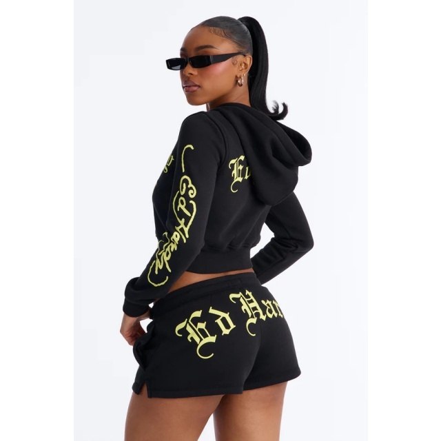 Zipped Up Hoodies Top Printed Short Set