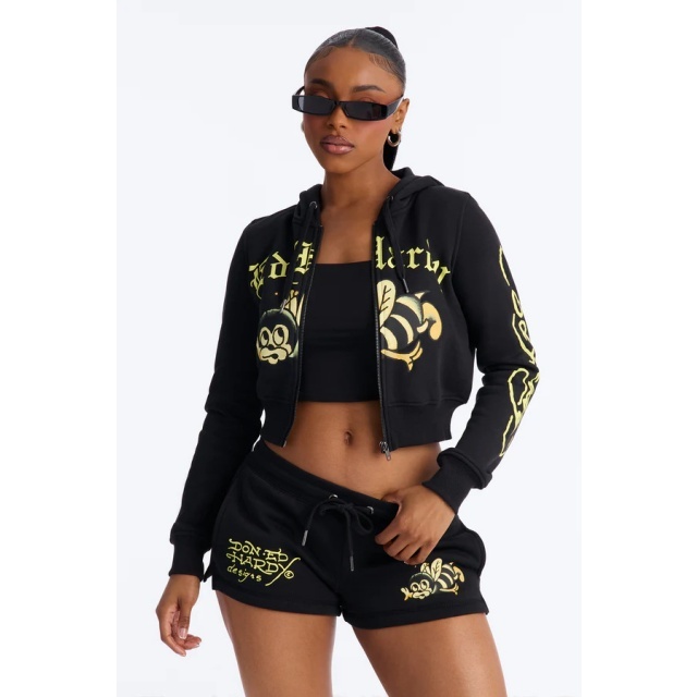 Zipped Up Hoodies Top Printed Short Set