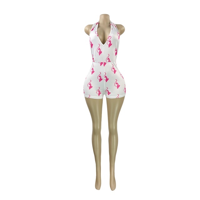 Printed Deep V Halter Neck Slim Fit Romper