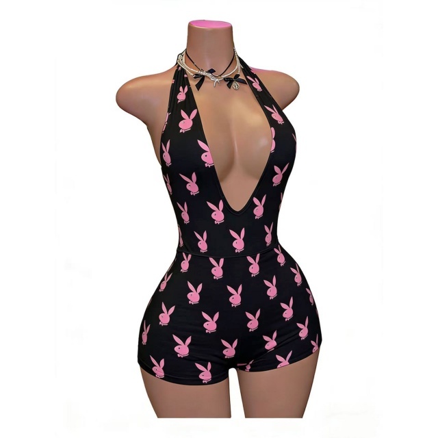 Printed Deep V Halter Neck Slim Fit Romper