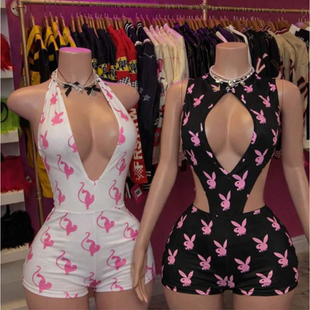 Rabbit Printed Hollow Out Bodysuit Two Pieces Short Set