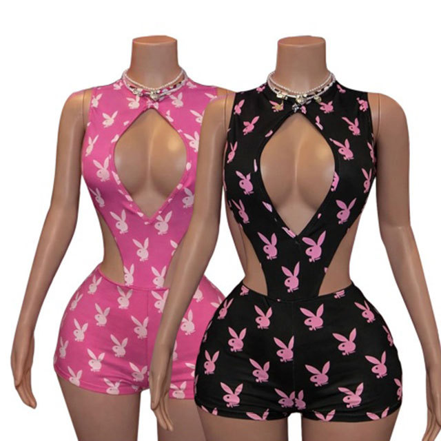 Rabbit Printed Hollow Out Bodysuit Two Pieces Short Set