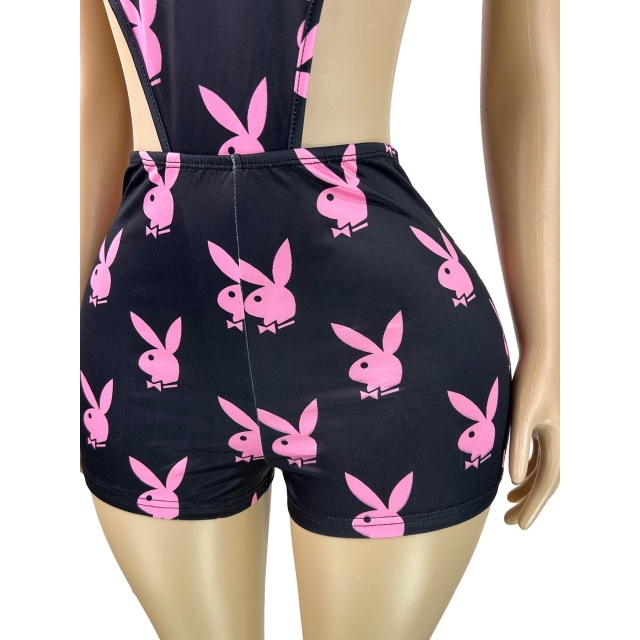 Rabbit Printed Hollow Out Bodysuit Two Pieces Short Set