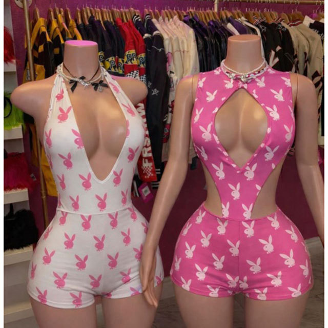 Rabbit Printed Hollow Out Bodysuit Two Pieces Short Set