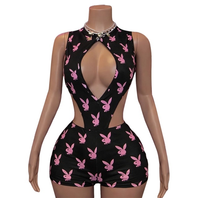Rabbit Printed Hollow Out Bodysuit Two Pieces Short Set