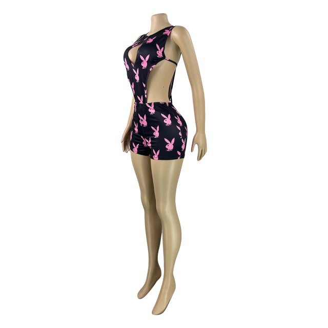 Rabbit Printed Hollow Out Bodysuit Two Pieces Short Set