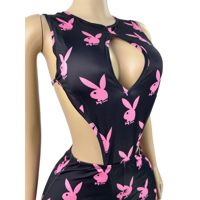 Rabbit Printed Hollow Out Bodysuit Two Pieces Short Set